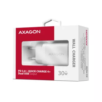 AXAGON ACU-PQ30W, Teljesítménytöltő 30W, 2x port (USB-A   USB-C), PD3.0/PPS/QC4 /SFC/AFC/Apple, fehér színben