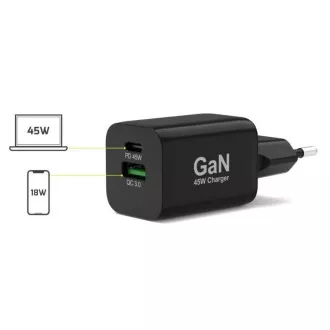 PORT hálózati töltő USB-C és USB-A csatlakozóhoz, 45 W, fekete