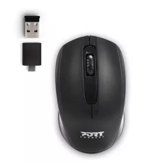 PORT vezeték nélküli egér Vezeték nélküli irodai, USB-A/USB-C dongle, 2, 4Ghz, 1000DPI, fekete