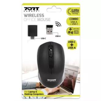 PORT vezeték nélküli egér Vezeték nélküli irodai, USB-A/USB-C dongle, 2, 4Ghz, 1000DPI, fekete