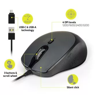 PORT optikai egér SILENT, USB-A/USB-C, 3600 DPI, fekete