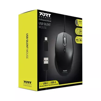 PORT optikai egér SILENT, USB-A/USB-C, 3600 DPI, fekete