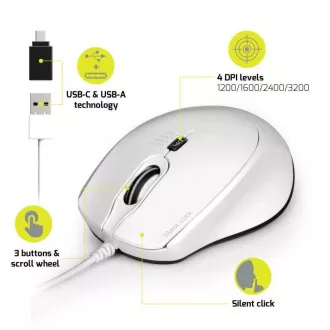PORT optikai egér SILENT, USB-A/USB-C, 3600 DPI, fehér