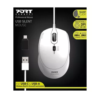 PORT optikai egér SILENT, USB-A/USB-C, 3600 DPI, fehér