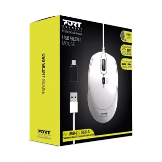 PORT optikai egér SILENT, USB-A/USB-C, 3600 DPI, fehér