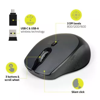 PORT vezeték nélküli egér SILENT, USB-A/USB-C dongle, 2, 4Ghz, 1600DPI, fekete