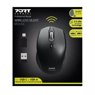 PORT vezeték nélküli egér SILENT, USB-A/USB-C dongle, 2, 4Ghz, 1600DPI, fekete
