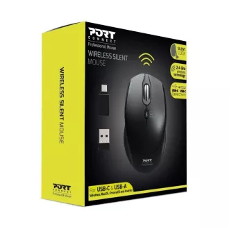 PORT vezeték nélküli egér SILENT, USB-A/USB-C dongle, 2, 4Ghz, 1600DPI, fekete