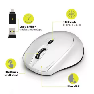 PORT vezeték nélküli egér SILENT, USB-A/USB-C dongle, 2, 4Ghz, 1600DPI, fehér