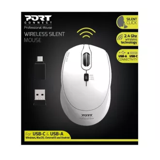 PORT vezeték nélküli egér SILENT, USB-A/USB-C dongle, 2, 4Ghz, 1600DPI, fehér