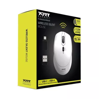 PORT vezeték nélküli egér SILENT, USB-A/USB-C dongle, 2, 4Ghz, 1600DPI, fehér