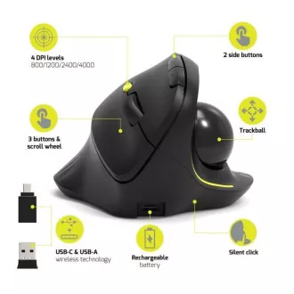 PORT vezeték nélküli ergonomikus egér ERGONOMIC TRACKBALL, 2, 4 Ghz & Bluetooth, USB-A/C, fekete