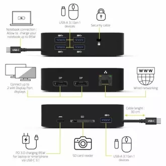 PORT dokkolóállomás USB-C 10v1, 2x4K Display Port, 5x USB-A, USB-C 85W PD, Ethernet, SD PORT dokkolóállomás USB-C 10v1, 2x4K Display Port, 5x USB-A, USB-C 85W PD, Ethernet, SD