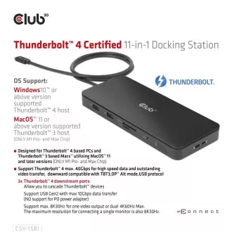 Club3D dokkolóállomás USB-C 11v1, 2xDP, 3xUSB-C, 3xUSB, 1xRJ45, SD kártyaolvasó, fekete színben