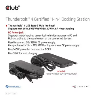 Club3D dokkolóállomás USB-C 11v1, 2xDP, 3xUSB-C, 3xUSB, 1xRJ45, SD kártyaolvasó, fekete színben