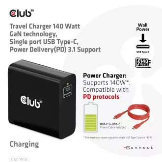 Club3D USB-C 140W GaN technológia, 1xUSB-C, PD 3.1 támogatás, Club3D utazási töltő USB-C 140W GaN technológia, 1xUSB-C, PD 3.1 támogatás