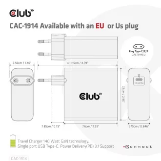 Club3D USB-C 140W GaN technológia, 1xUSB-C, PD 3.1 támogatás, Club3D utazási töltő USB-C 140W GaN technológia, 1xUSB-C, PD 3.1 támogatás