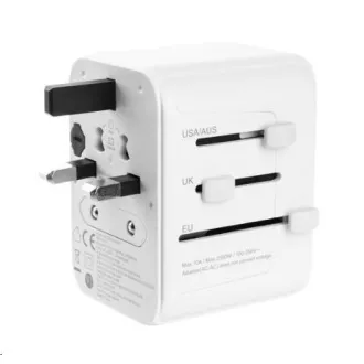 FIXED utazási adapter EU, UK és USA/AUS, 3x USB-C   2x USB A, GaN, PD 65W, fehér