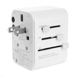 FIXED utazási adapter EU, UK és USA/AUS, 3x USB-C   2x USB A, GaN, PD 65W, fehér