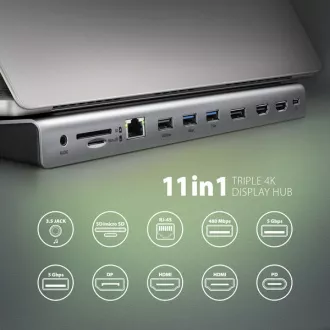AXAGON HMC-4KX3 USB 5Gbps hub, 3x USB-A, 2x HDMI, DP, RJ-45 GLAN, SD/microSD, audio, PD 100W, USB-C kábel 40cm