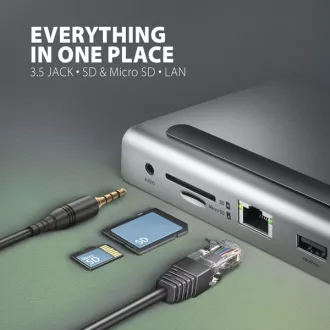 AXAGON HMC-4KX3 USB 5Gbps hub, 3x USB-A, 2x HDMI, DP, RJ-45 GLAN, SD/microSD, audio, PD 100W, USB-C kábel 40cm