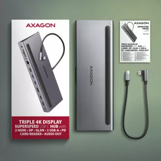 AXAGON HMC-4KX3 USB 5Gbps hub, 3x USB-A, 2x HDMI, DP, RJ-45 GLAN, SD/microSD, audio, PD 100W, USB-C kábel 40cm