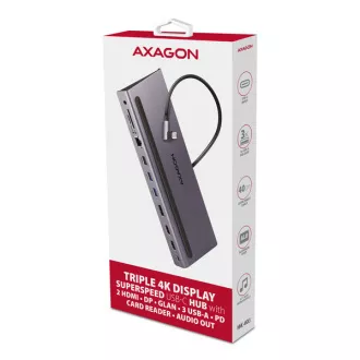 AXAGON HMC-4KX3 USB 5Gbps hub, 3x USB-A, 2x HDMI, DP, RJ-45 GLAN, SD/microSD, audio, PD 100W, USB-C kábel 40cm