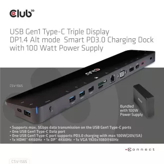 Club3D dokkolóállomás USB-C 14v1, 1xDP, 1xHDMI, 1xVGA, 2xUSB-C, 5xUSB, 1xRJ45, 1x3.5mm, szürke, szürke
