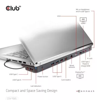 Club3D dokkolóállomás USB-C 14v1, 1xDP, 1xHDMI, 1xVGA, 2xUSB-C, 5xUSB, 1xRJ45, 1x3.5mm, szürke, szürke