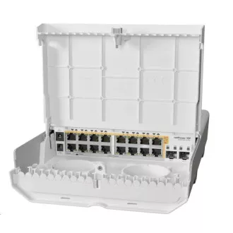 MikroTik Cloud Router Switch CRS318-16P-2S OUT, 800MHz CPU, 256MB, 16x10/100/1000 (PoE-out), 2xSFP , incl.L5, kültéri használatra alkalmas