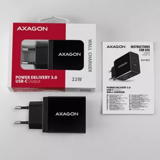AXAGON ACU-PD22, PD hálózati töltő 22W, 1x USB-C port, PD3.0 / QC3.0 / AFC / FCP / Apple