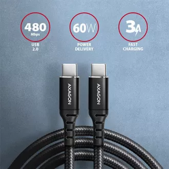 AXAGON BUCM-CM15AB, HQ kábel USB-C <-> USB-C, 1.5m, USB 2.0, PD 60W 3A, ALU, fonott, fekete