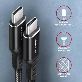 AXAGON BUCM-CM15AB, HQ kábel USB-C <-> USB-C, 1.5m, USB 2.0, PD 60W 3A, ALU, fonott, fekete