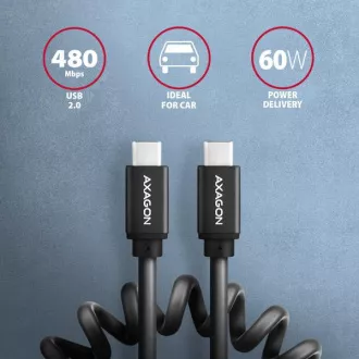AXAGON BUCM-CM20TB, TWISTER kábel USB-C <-> USB-C, 1.1m, USB 2.0, PD 60W 3A, ALU, tpe, fekete