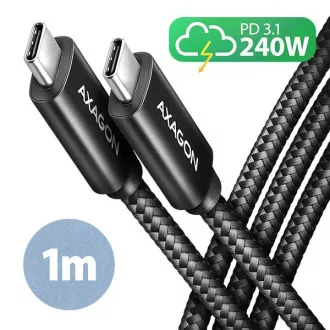 AXAGON BUCM2-CM10AB, CHARGE kábel USB-C <-> USB-C, 1m, Hi-Speed USB, PD 240W 5A, ALU, fonott, fekete