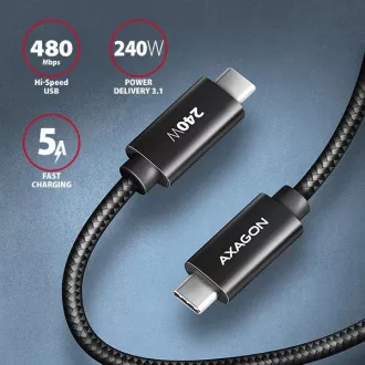 AXAGON BUCM2-CM20AB, CHARGE kábel USB-C <-> USB-C, 2m, Hi-Speed USB, PD 240W 5A, ALU, fonott, fekete