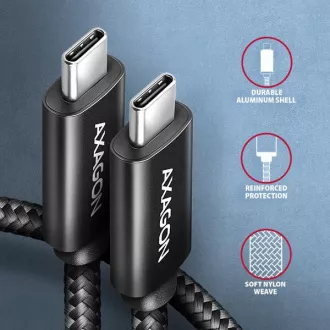 AXAGON BUCM2-CM20AB, CHARGE kábel USB-C <-> USB-C, 2m, Hi-Speed USB, PD 240W 5A, ALU, fonott, fekete