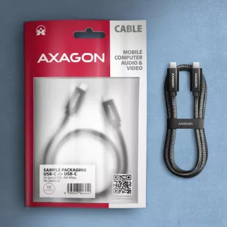 AXAGON BUCM2-CM25AB, CHARGE kábel USB-C <-> USB-C, 2.5m, Hi-Speed USB, PD 240W 5A, ALU, fonott, fekete