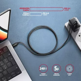 AXAGON BUCM2-CM30AB, CHARGE kábel USB-C <-> USB-C, 3m, Hi-Speed USB, PD 240W 5A, ALU, fonott, fekete