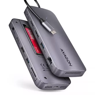 AXAGON HMC-12GM2, USB 10Gbps hub, 3x USB-A, USB-C, HDMI, DP, RJ-45 GLAN, M.2, SD/mSD, audio, PD 100W, USB-C kábel 50cm