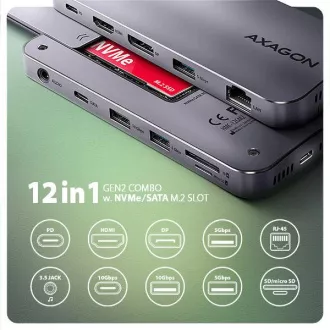 AXAGON HMC-12GM2, USB 10Gbps hub, 3x USB-A, USB-C, HDMI, DP, RJ-45 GLAN, M.2, SD/mSD, audio, PD 100W, USB-C kábel 50cm