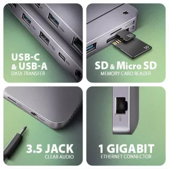 AXAGON HMC-12GM2, USB 10Gbps hub, 3x USB-A, USB-C, HDMI, DP, RJ-45 GLAN, M.2, SD/mSD, audio, PD 100W, USB-C kábel 50cm