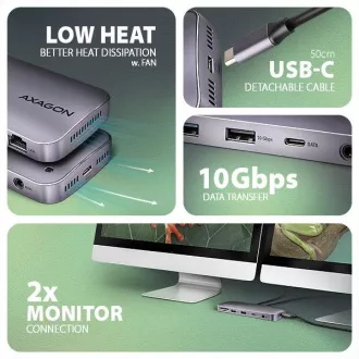 AXAGON HMC-12GM2, USB 10Gbps hub, 3x USB-A, USB-C, HDMI, DP, RJ-45 GLAN, M.2, SD/mSD, audio, PD 100W, USB-C kábel 50cm