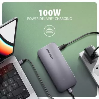 AXAGON HMC-12GM2, USB 10Gbps hub, 3x USB-A, USB-C, HDMI, DP, RJ-45 GLAN, M.2, SD/mSD, audio, PD 100W, USB-C kábel 50cm