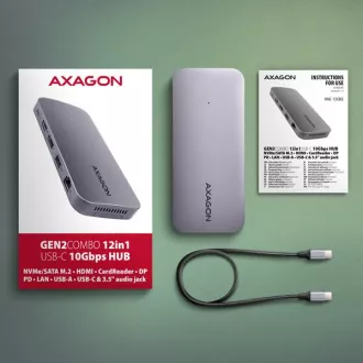 AXAGON HMC-12GM2, USB 10Gbps hub, 3x USB-A, USB-C, HDMI, DP, RJ-45 GLAN, M.2, SD/mSD, audio, PD 100W, USB-C kábel 50cm