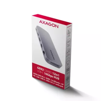AXAGON HMC-12GM2, USB 10Gbps hub, 3x USB-A, USB-C, HDMI, DP, RJ-45 GLAN, M.2, SD/mSD, audio, PD 100W, USB-C kábel 50cm