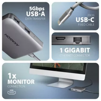 AXAGON HMC-5HL USB 5Gbps hub, 2x USB-A, HDMI 4k/60Hz, RJ-45 GLAN, PD 100W, USB-C kábel 20cm