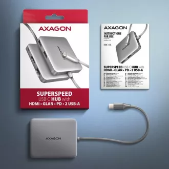 AXAGON HMC-5HL USB 5Gbps hub, 2x USB-A, HDMI 4k/60Hz, RJ-45 GLAN, PD 100W, USB-C kábel 20cm