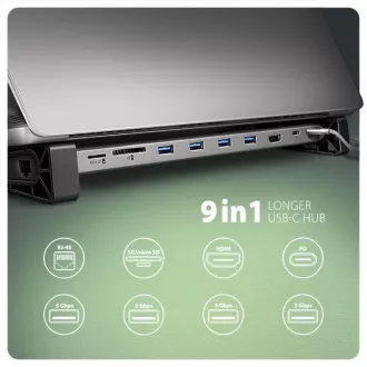 AXAGON HMC-10HLS, USB 5Gbps hub, 4x USB-A, HDMI 4k/60Hz, RJ-45 GLAN, SD/mSD, PD 100W, USB-C kábel 25cm
