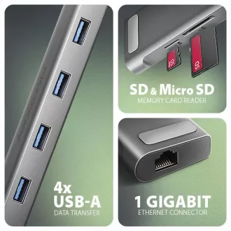 AXAGON HMC-10HLS, USB 5Gbps hub, 4x USB-A, HDMI 4k/60Hz, RJ-45 GLAN, SD/mSD, PD 100W, USB-C kábel 25cm